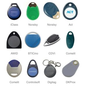 Image of HID iClass, Indala, Datawatch, and iButton keyfob and keycard models, ideal for secure access control and copy key services.