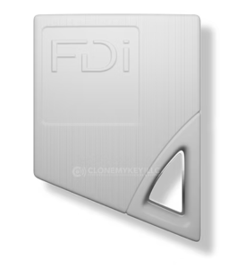 Close-up of an FDI Urmet keyfob showing the engraved number, perfect for secure duplication services