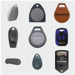Image of HID Proximity, Indala, Datawatch, and iButton keyfob and keycard models, ideal for secure access control and duplication services.