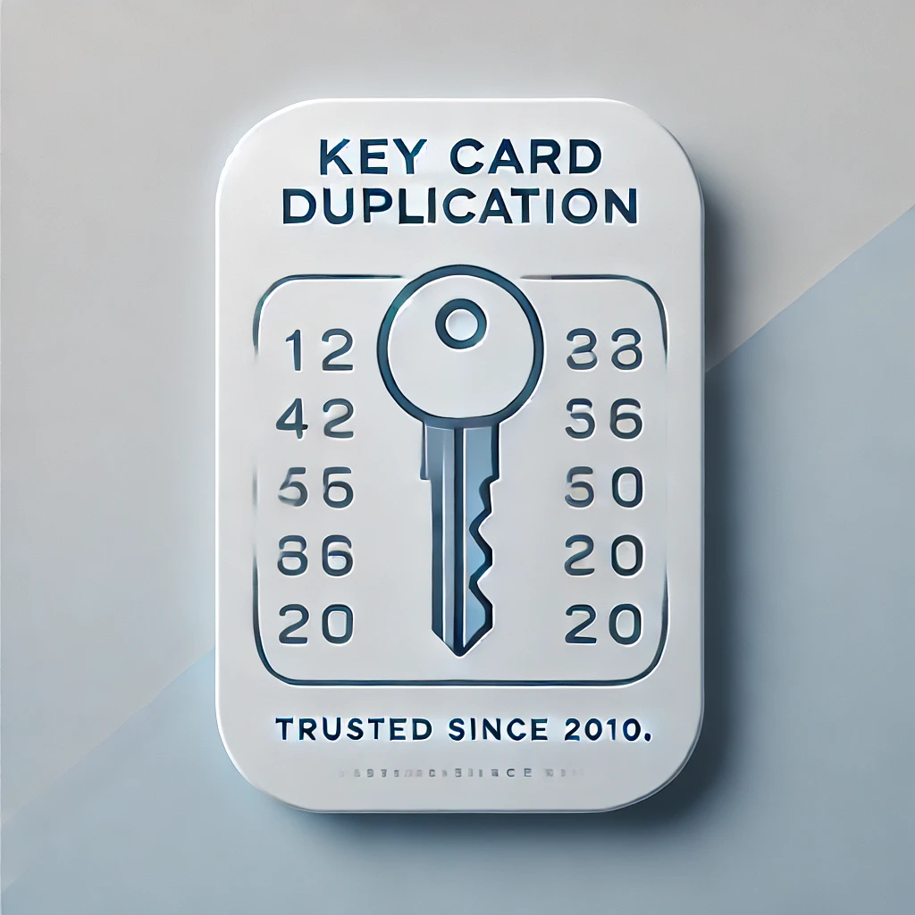 "A minimalist thumbnail featuring a sleek key card with engraved numbering in the center. The background is a soft gradient of blue and gray with bold text that reads 'Key Card Duplication' at the top and 'Trusted Since 2010' at the bottom.